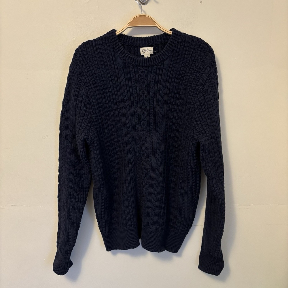 J. Crew Men's Cable Knit Crew Neck Sweater M Navy Blue Preppy Fisherman‎ Cotton